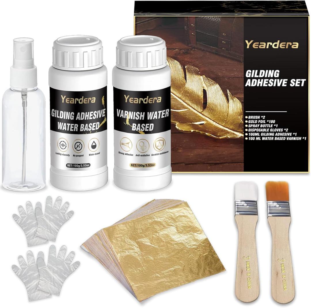Yeardera Gold Leaf Kit, 100ml Gilding Adhesive and Varnish with 100 Gold Leaf Sheets for Arts, Crafts, Painting, Furniture, and Decoration