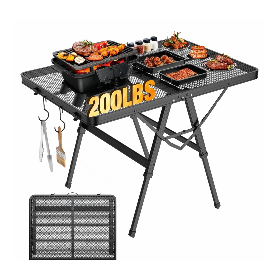 Raynesys Foldable Camping Table with Mesh Desktop,Height Adjustable 200lbs 3Ft Portable Grill Table for Ourdoor Camping Picnic BBQ Beach, Black