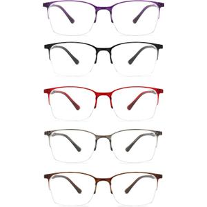 5 Pack One-Piece Half Frame Reading Glasses Women Men Flexible Blue Light Computer Lightweight comfort Readers +1.0