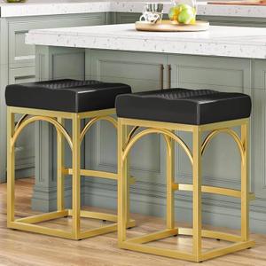 HOOBRO Bar Stools, Set of 2 Bar Chair, 24.4" Counter Height Bar Stools with Curved Footrest, PU Upholstered with Metal Frame, Barstools for Kitchen, Living Room, Bar, Gold and Black BD80BYP201