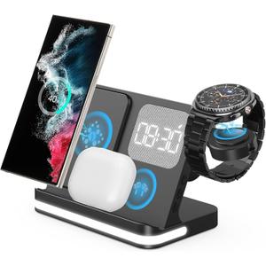 4 in 1 Wireless Charger with Alarm Clock Compatible for Galaxy Watch 8/7/Ultra/FE/6 Pro Galaxy S25/Ultra/S25+/S24/S23/Note 20/Z Flip 7/6/5 Fold 6 Galaxy Buds 3/2/Pro Multiple Devices Charging Station (black)