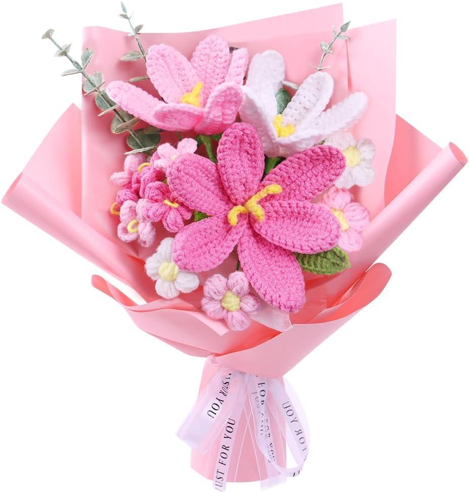 Crochet Flower Bouquet: Crochet Tulips Bouquet Handmade Knitted Flowers with Mother's Day Birthday Employee Appreciation Wedding Teachers' Day Decoration (Pink)
