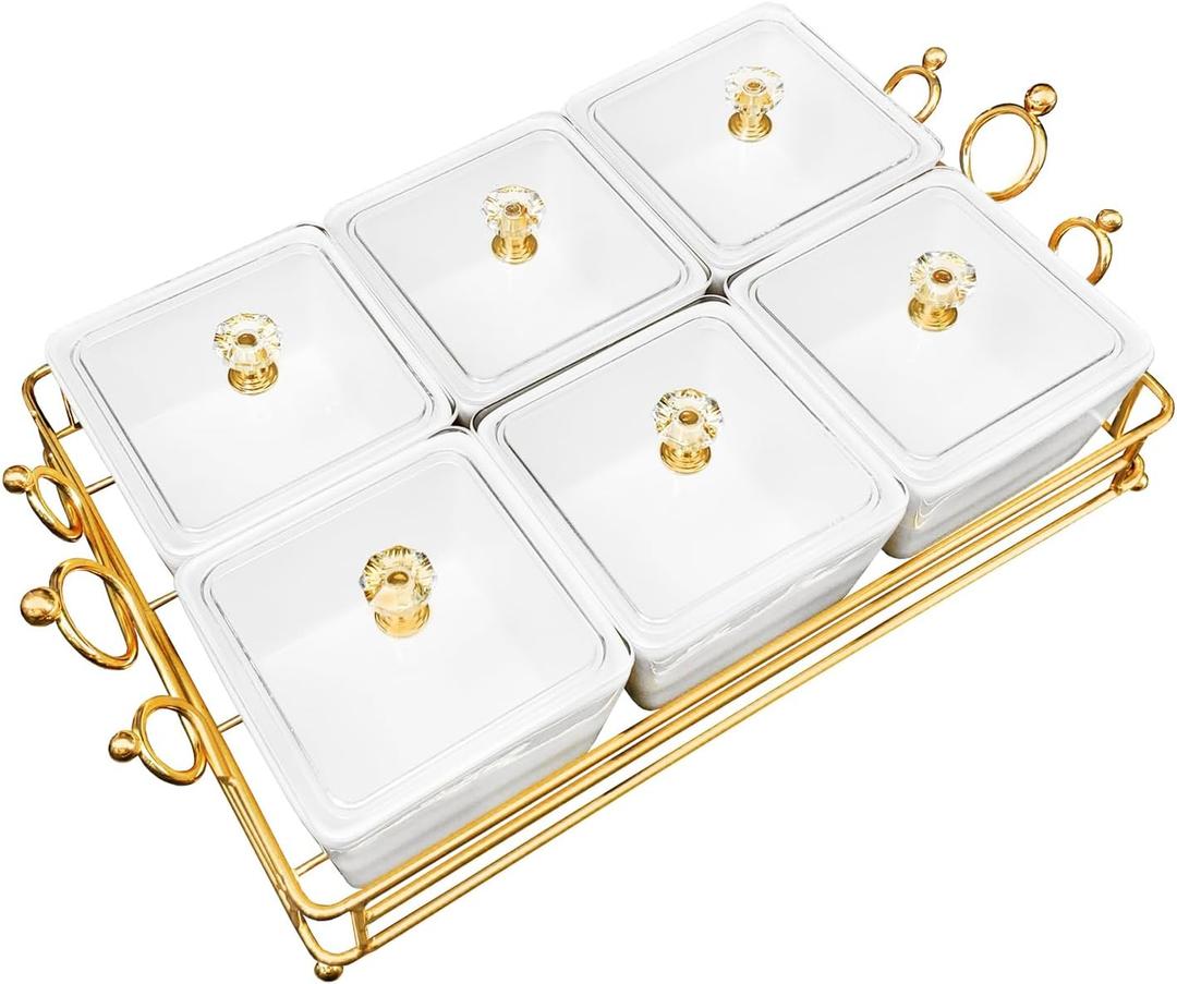 YA JU Ceramic Bowls and with Lid Gold Basket Trays, 6 Removable Small Bowls Condiment Trays Nut Serving Set for Snacks, Fruits, Candy and Condiments -Great for Parties, Holiday Gifts, White, 13.8 INCH