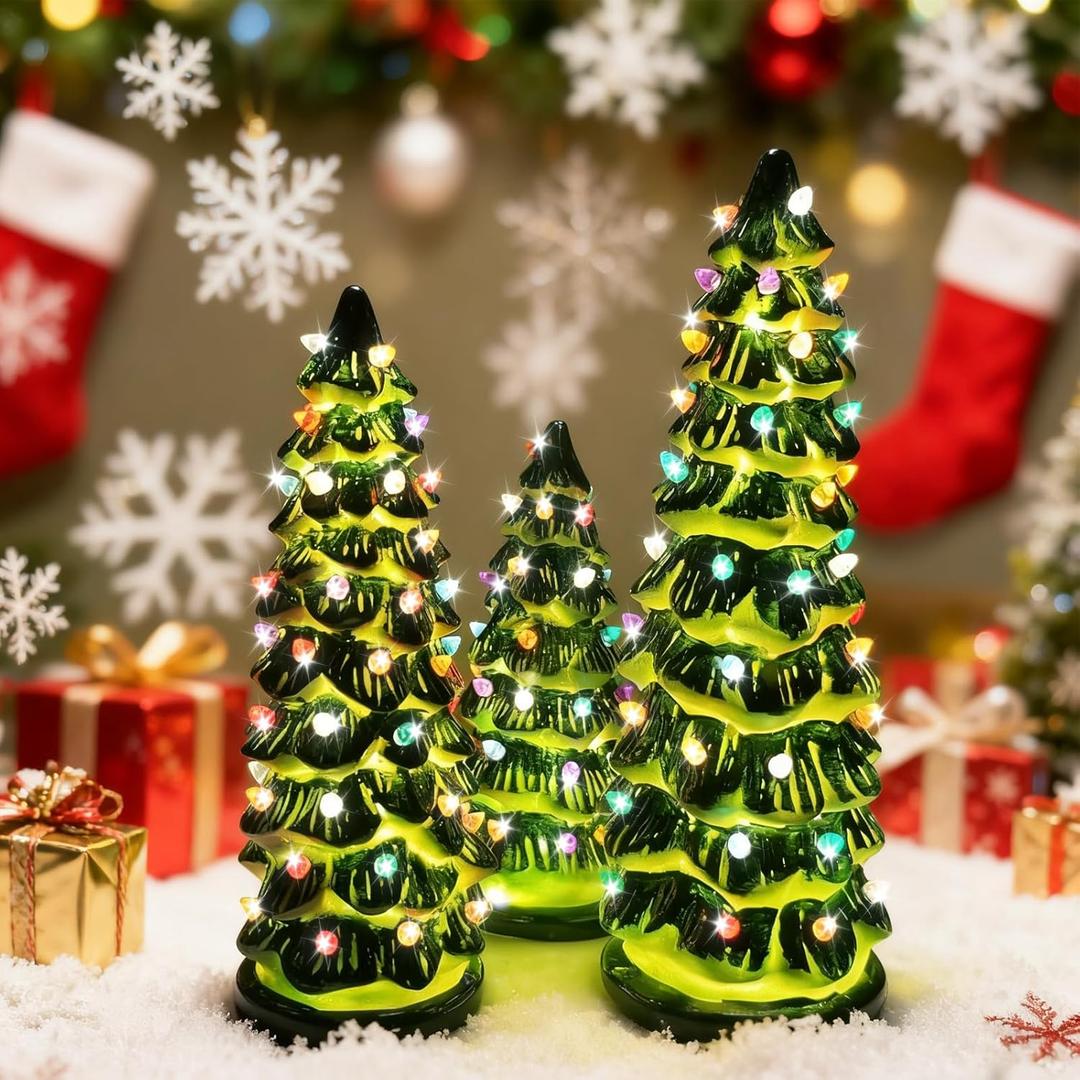 Set of 3 Retro Hand-Painted Tabletop Christmas Trees - 8", 10", 12" LED Lighted Decor, Battery Powered Vintage Mini Trees for Mantel, Shelf, Desktop Holiday Decor