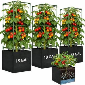 Tomato Cages for Garden, Tomato Planter with Trellis, 48in Tall Square Tomato Trellis with 18 Gallon Grow Bags, Patio & Balcony, Metal Tomato Cage for Tomatoes Cucumbers Peas Climbing Plants, 3 Pack