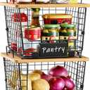 2 Set Large Stackable Wire Basket with Bamboo Tops & Tag- Pantry Organizer and Storage Bins, Kitchen Counter Cabinet Shelf Countertop Under Sink Organizing for Food Snack Produce Onion Potato Bread