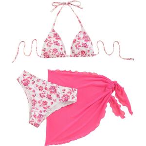 SHENHE Women's 3 Piece Floral Bikini Set with Wrap Coverup Halter Triangle Swimsuits (X-Large, Pink)