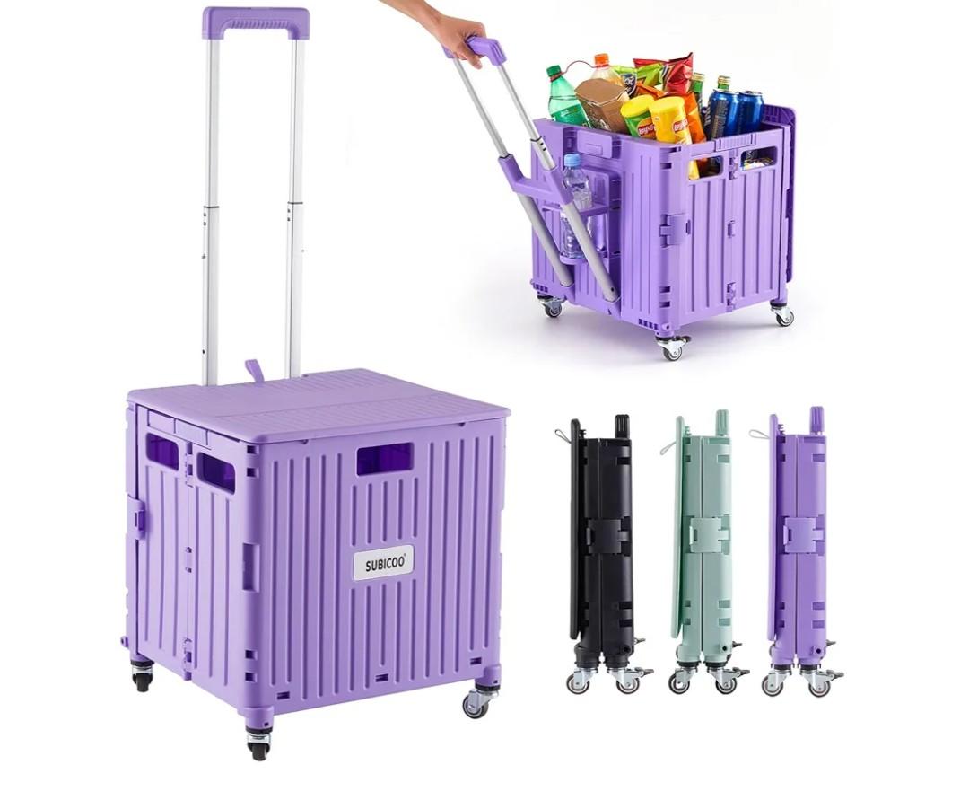 Folding Utility Cart Portable Rolling Crate Handcart Shopping Trolley Collapsible Tool Box, with Lid, Basket on 4 Rotate Wheels, for Grocery, Shopping, Office, Storage, Teacher (Purple)