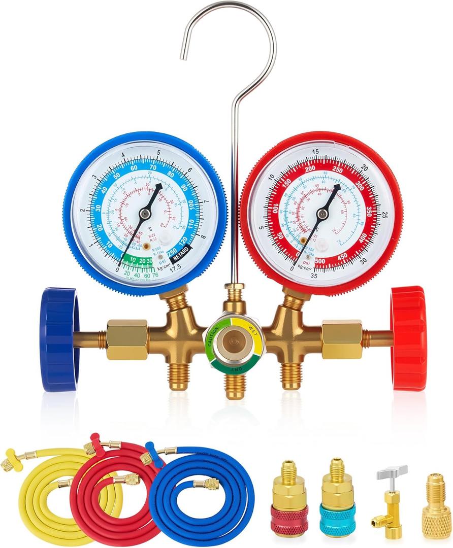 Orion Motor Tech AC Gauges, Automotive AC Gauge Set for R134a R12 R22 R502, 3 Way AC Manifold Gauge Set with 5FT Hoses Couplers & Adapter, R134A Can Tap Freon Recharge Kit for HVAC