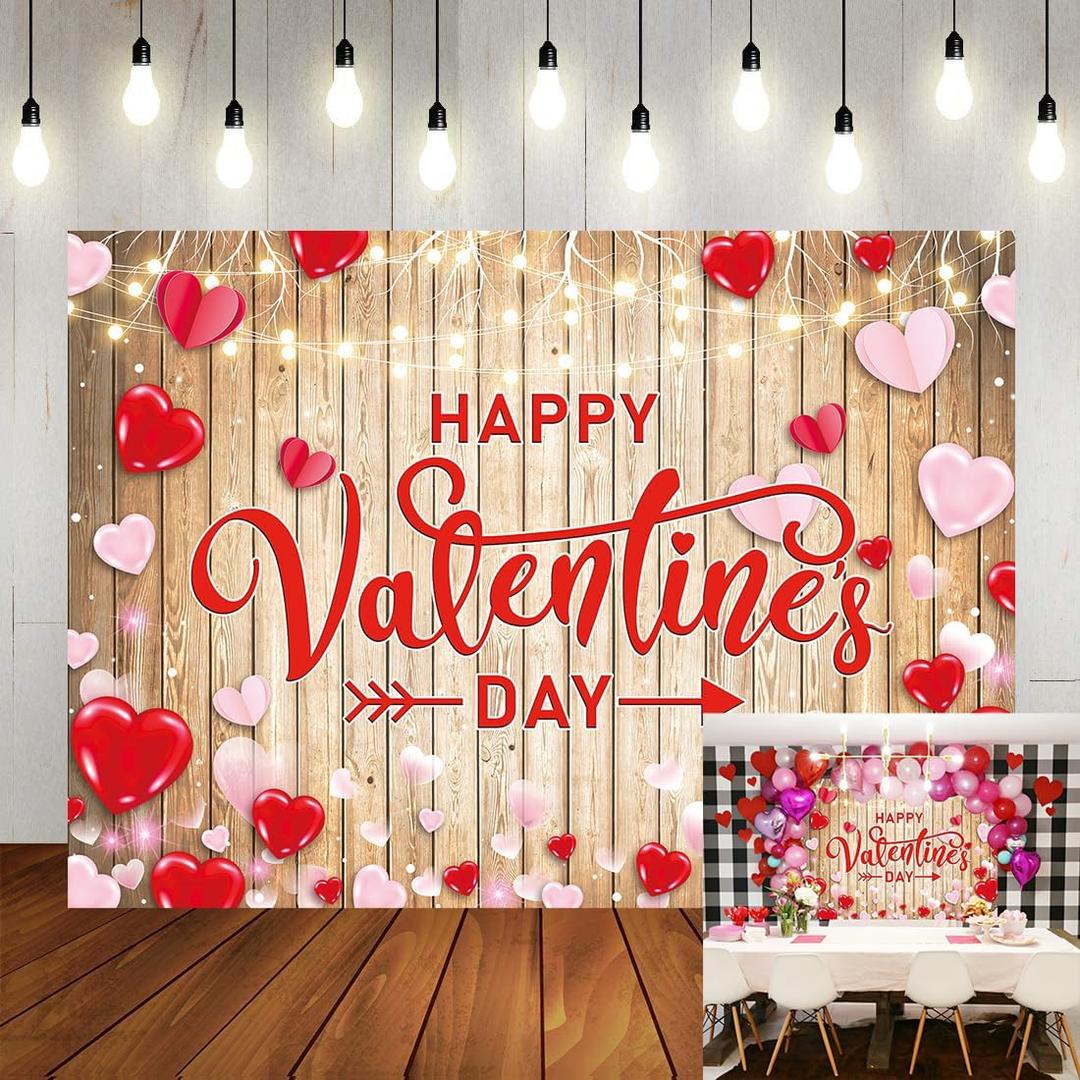 Happy Valentine's Day Backdrop Red Pink Love Hearts Rustic Wood Photography Background for Valentine's Day Party Decoration Photo Booth Props Romantic Event Supplies 8x6FT
