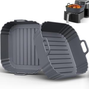 Square Silicone Air Fryer Liners 2 Pack, Compatible with Ninja AF141 181, 8.5 Inch Air Fryer Liners for COSORI 5-6.5 QT, Reusable Silicone Basket, Air Fryer Accessories (Gray)