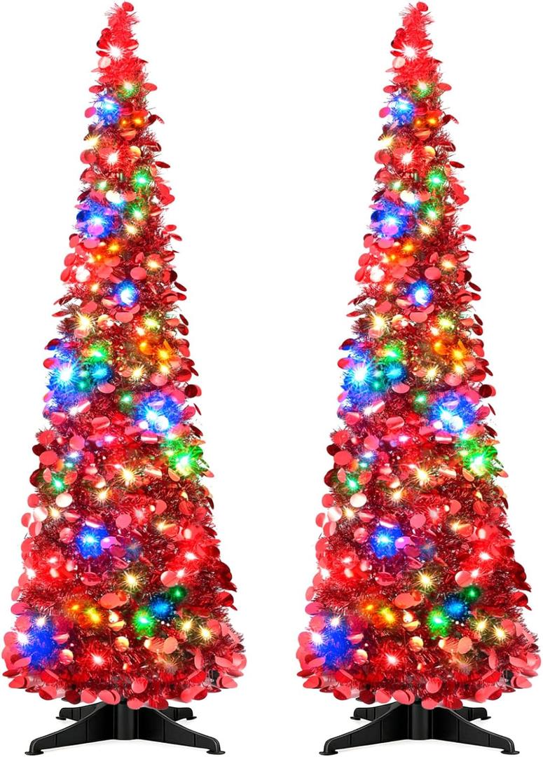 Leyndo 2 Pcs 5 ft Collapsible Artificial Christmas Tree with LED Light Pre Lit Red Sequined Pop Up Tinsel Pencil Skinny Xmas Tree for Indoor Home Fireplace Decoration