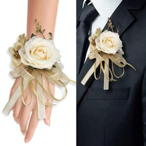 Beige Rose Wrist Flower Corsage & Boutonniere Set for Wedding Bride Bridesmaid Groom Groomsmen Parents Suit Lapel Pin Button Hole Flower for Prom Homecoming, Tea Party, Formal Dinner