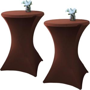 2 Pack 32x43 Inch Brown Cocktail Tablecloth Spandex Round Fitted Table Cover for Wedding Banquet Event Party