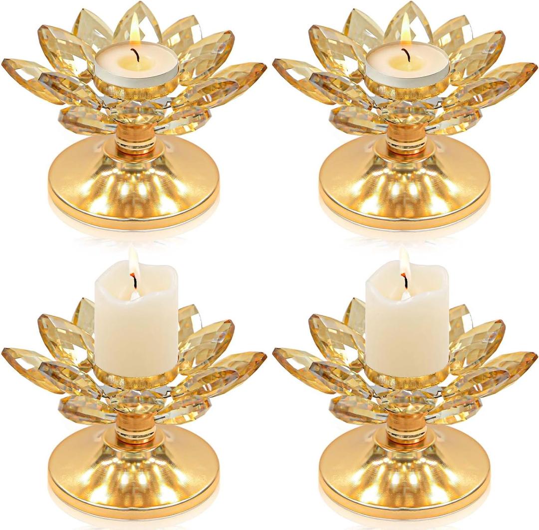 4 PCS Gold Crystal Flower Tea Light Holder, Glass Tealight Candlestick with Metal Base, Votive Candle for Table Centerpiece, Wedding/Parties Decor, Nice Gift