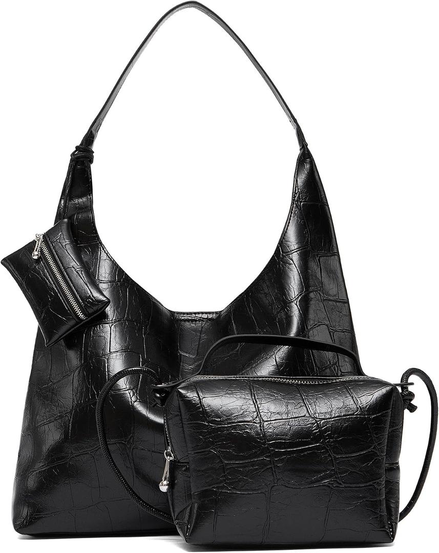 NEWBELLA Women's Hobo Shoulder Bag, Vegan Leather Wide Strap Hobo Purse, Lightweight Commute Tote Bag for Daily Work (Dark Black)