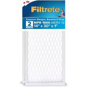 Filtrete 14x30x1 AC Furnace Air Filter, MERV 13, MPR 1900, Premium Allergen, Bacteria & Virus Filter, 3-Month Pleated 1-Inch Electrostatic Air Cleaning Filter, 2-Pack (Actual Size 13.81x29.81x0.78 in) Filtrete 14x30x1 AC Furnace Air Filter, MERV 13, MPR 1900, Premium Allergen, Bacteria & Virus Filter, 3-Month Pleated 1-Inch Electrostatic Air Cleaning Filter, 2-Pack (Actual Size 13.81x29.81x0.78 in)
