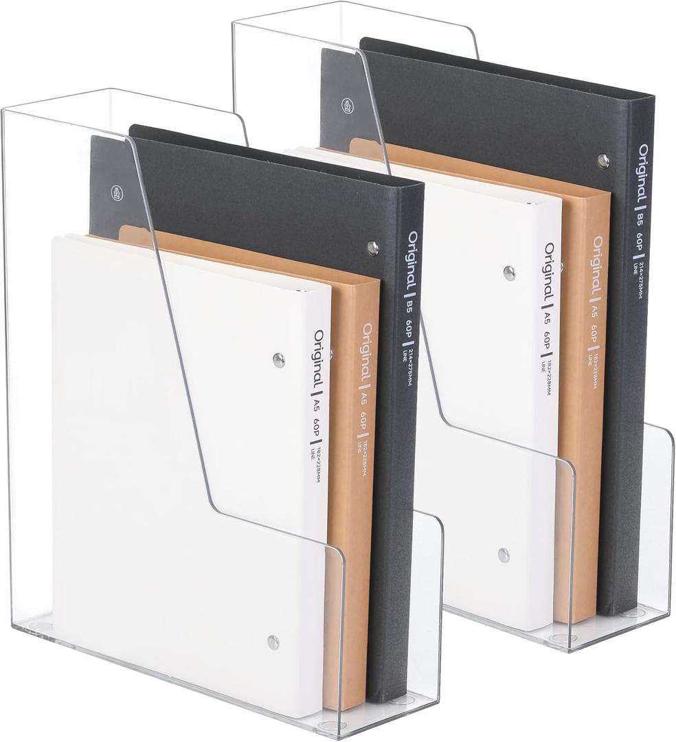 Vertical File Holder, PET Desk Organizer, Multi-purpose Plastic Document Storage Bins for Magazines, Binders, Notebooks, Envelopes, 2 Pack (Clear)