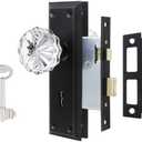 ToPToToo Mortise Lock Set Interior Door, Crystal Glass Door Knobs with Lock and Skeleton Key, Old Door Knob Replacement, Vintage Antique Door Handle, Matte Black Finish
