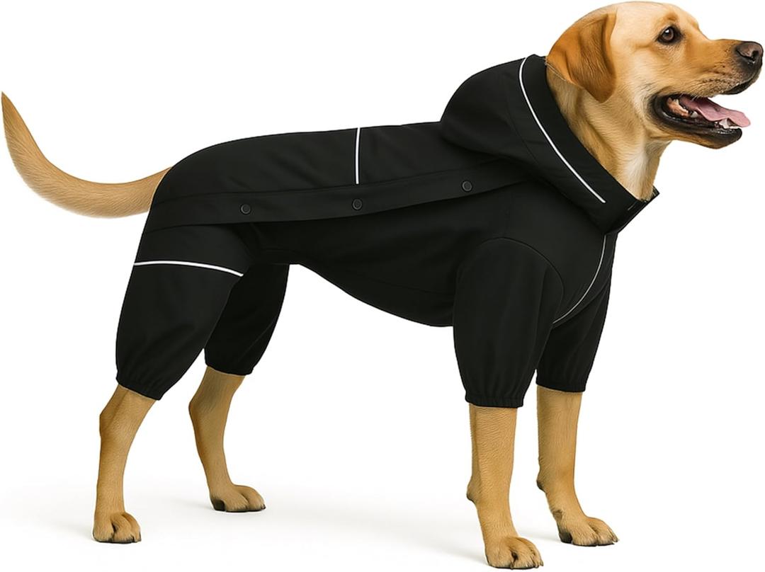 LOVELONGLONG Fleece-Lined Dog Raincoat with Removable Hood Waterproof Winter Full Body Dog Jacket Windproof Snowproof Cold-Weather Suit Black-F (Back 16.5") Large