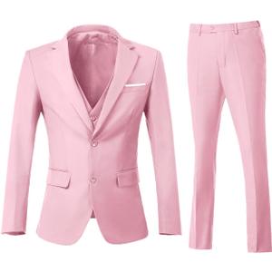 Men's 3 Piece Slim Fit Suit Set, Two Button Blazer Solid Jacket Vest Pants Wedding Business Suit (X-Large, Pink)