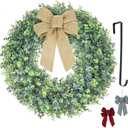 18inch Boxwood Wreath for Front Door, Spring Summer Fall Winter Wreath with 3 Bows and 1 Wreath Hanger Used in All Seasons for Front Door Back Door Indoor Outdoor Corridor (18inch) (Green)