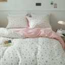 Cotton Floral Duvet Cover Queen Pink White Floral Bedding Sets Vintage Style Garden Floral Comforter Cover Boho Flower Botanical Duvet Cover Girls Women Aesthetic Queen Duvet Cover with Zipper Ties (Queen(90"x90"))