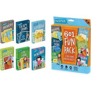 Hoyle Set of 6 Children's Card Games with 4 Hands-Free Playing Card Holders with Bonus Bicycle Solar Calculator Includes Old Maid, Go Fish!, Crazy Eights, Matching, Slap Jack & Memory Games