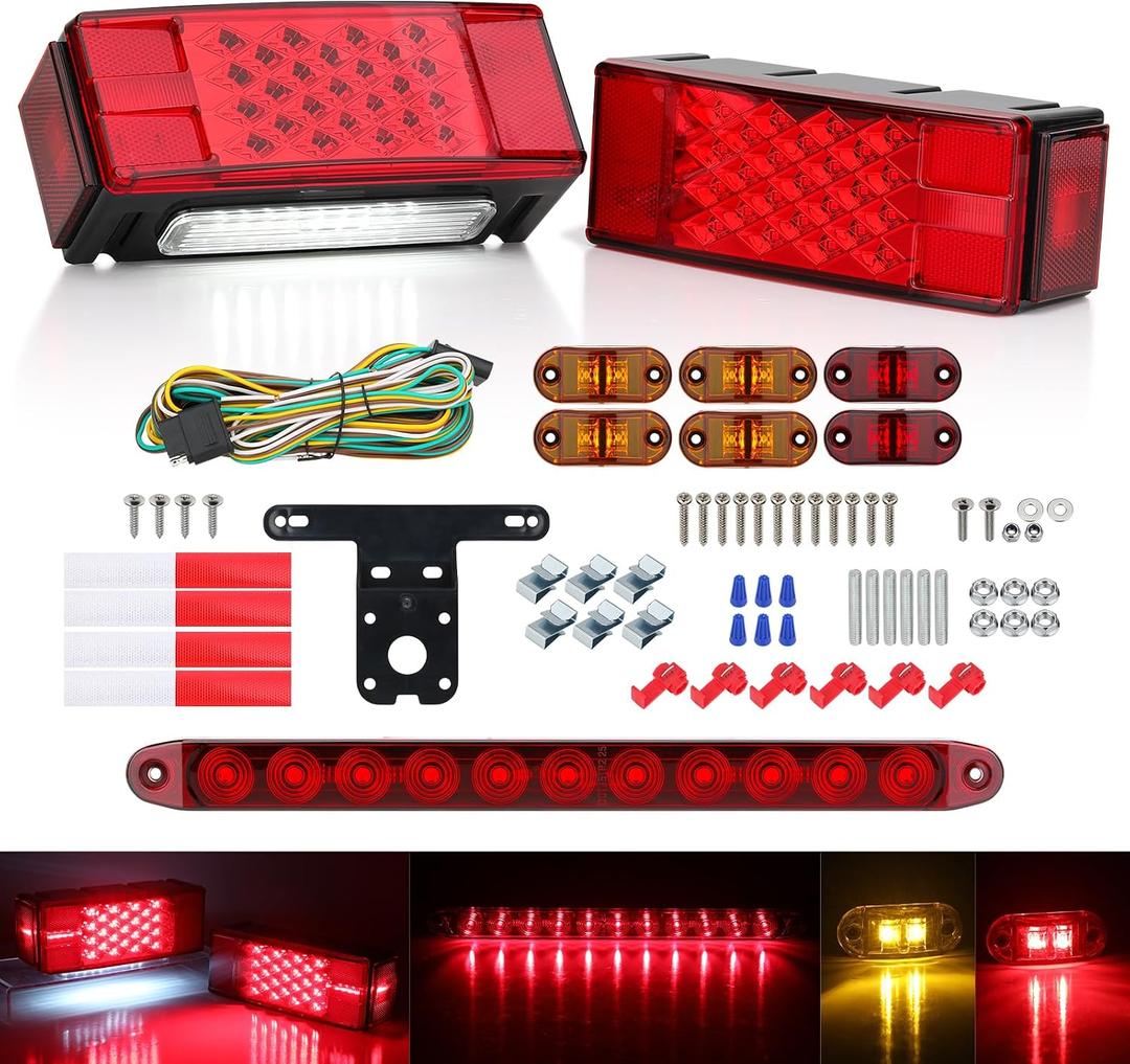 12V LED Trailer Light Kit,IP67 Waterproof Utility Boat Trailer Lights, Rectangular Brake Stop Turn Lights with License Plate Light, Brake Light Bar & Side Marker Lights, DOT Compliant