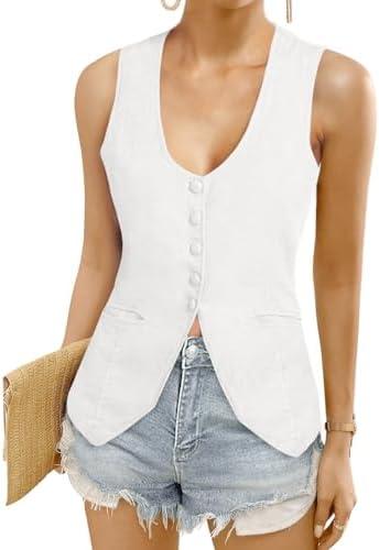COCCKO Womens Vest Top Trendy V Neck Summer Sleeveless Blazer Vest Waistcoat Linen Cotton Tank Tops 2025 Size M White