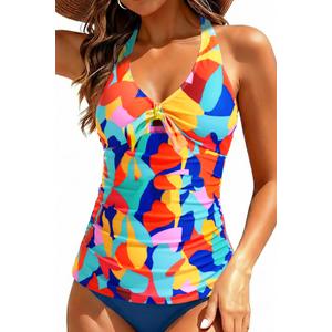 Women Halter Tankini Swim Top - Tummy Control Swimsuit Bathing Suit Top Front Tie Knot Swim Top Only 2025 Color Block (M)