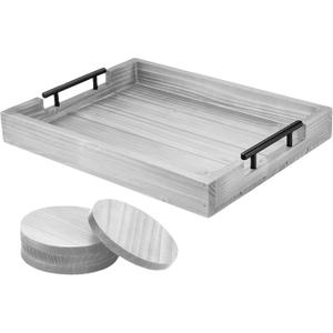Ottoman Serving Tray | Decorative Coffee Table Tray with Handles  17x13 Inch Wooden Tray with 4 Coasters for Breakfast, Kitchen & Bar (Light Grey)