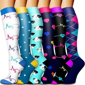 6 Pack Copper Compression Socks for Women and Men Circulation-Best Support for Medical, Running,Nursing,Athletic (Large-X-Large, C-white+blue)