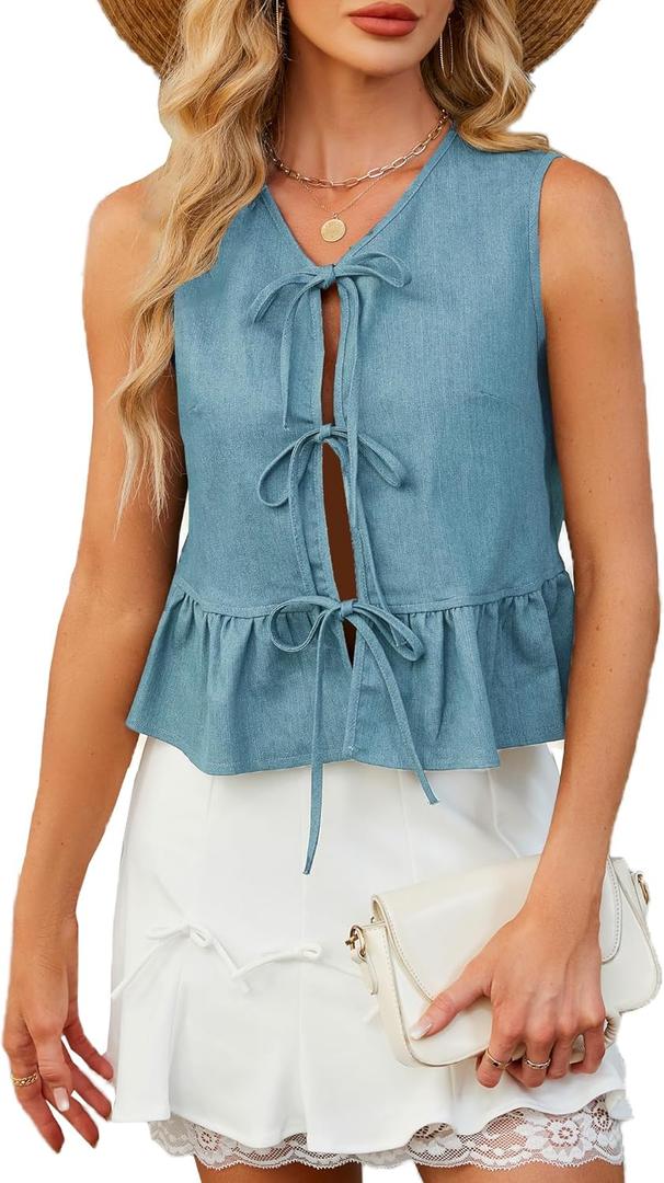 Denim Tops for Women Jean Vest Top Sleeveless V Neck Waistcoats Suit Denim Vest Bow Tie Front Peplum Crop Tank Tops (Small, 01-light Blue)