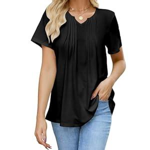 Pleated Tops for Women Loose Fitting Womens T Shirts Short Sleeve Pleated Dressy Tunic Casual V Neck Summer Tops Black 2XL