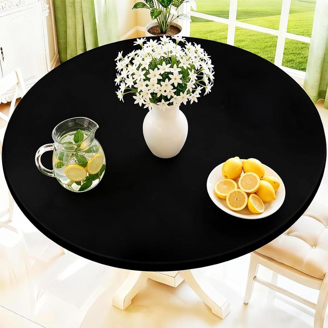 Moosfor Round Spandex Tablecloth, Elastic Fitted Waterproof Tablecloths for 45"-56" Tables, Stretch Washable Picnic Table Cover for Camping, Dining, Indoor and Outdoor, Black