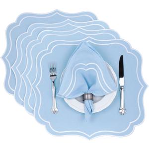 Cotton Linen Placemats Set of 4 - Double Layered, Machine Washable, Scalloped & Embroidered Cloth Table Mats - Wedding, Spring, Summer Mat, 19 x 17 inch, Light Blue