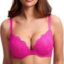 DOBREVA Women's Push Up Lace Bra Underwire Plunge Full Coverage Bras Sexy Plus Size Support (32D, Glitter Pink)