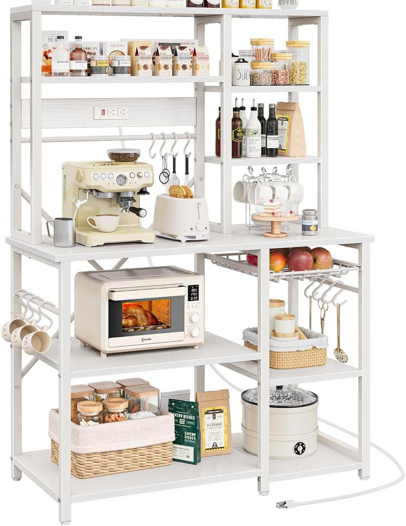 SUPERJARE Large Bakers Rack with Power Outlets, 6-Tier Microwave Stand, Coffee Bar with 12 S-Shaped Hooks, Kitchen Shelf with Wire Basket, 39.4 x 14.6X 66.9 Inches, White