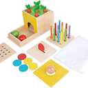 Adena Montessori 5 in 1 Wooden Montessori Play Kit Baby Toys,Object Permanence Box,Matchstick Color Drop,Cotton Swab Drop Game,Carrot Harvest and Coin Box for Kid 1 Year Old,Gift for Baby 6-12 Month