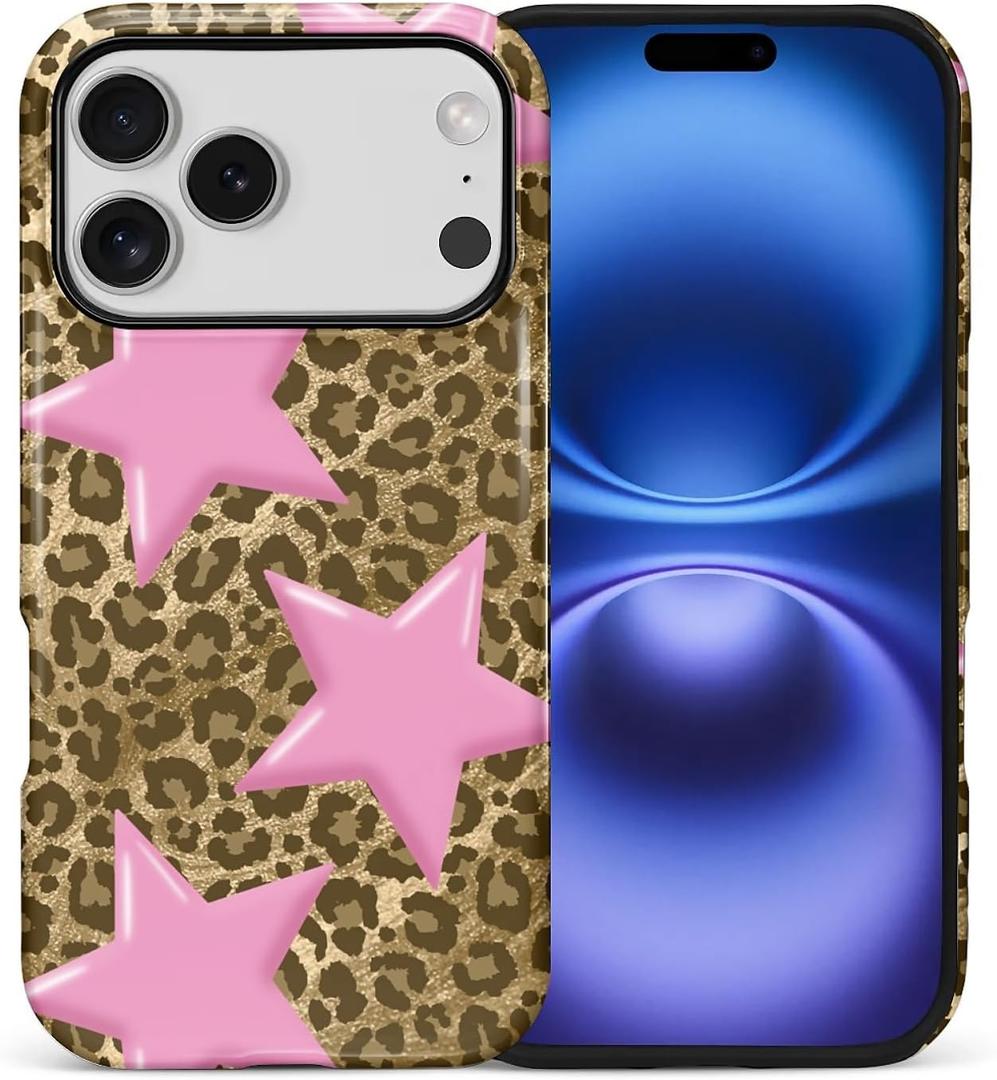 DAIZAG Compatible with iPhone 17 Pro Max Case,L2 Pink Star Leopard Print Dual Layer Shockproof Protective Hybrid Case