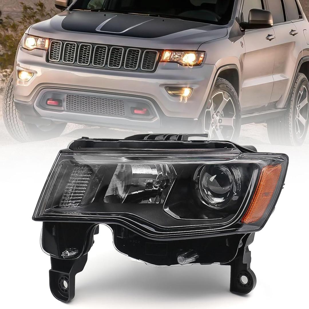 Huray Left Headlight Assembly for Jeep Grand Cherokee 2017-2021 [Only for Halogen Type] [Black Bezel] OE Headlamp Replacement Driver Side