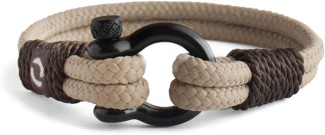 Mens Rope Bracelet - Stainless Steel Black Shackle, Extremely Durable and Scratch Resistant Waterproof Paracord, Handmade, Nautical Wristband for Men (Beige) Man 7.75