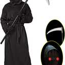 Grim Reaper Halloween Costume with Glowing Red Eyes for Kids, Scythe Included (Black)