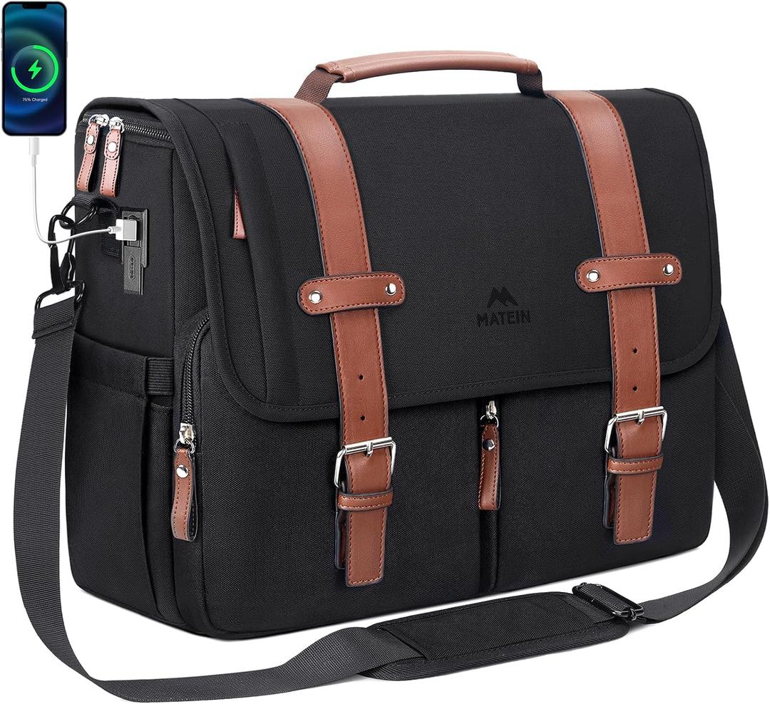 MATEIN Messenger Bag with USB Charging Port, 15.6 inch Laptop Bags Large Handbag with Shoulder Strap, Water Resistant Crossbody Satchel Work Computer Case for College Commuting, Black