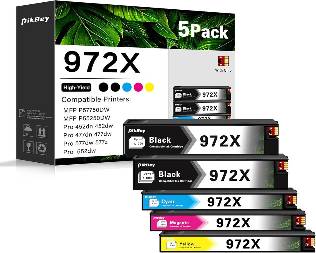 972X Ink Cartridges High Yield Combo Pack (5-Pack, 2Black/1Cyan/1Magenta/1Yellow) Compatible 972X 972 Ink Cartridge Replacement for HP Pagewide MFP P57750DW Pro 452dn 452dw 552dw 477dw 577dw Printer