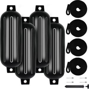 VEITHI Large Boat Fenders 4 Pack 8.5 x 27 inch, Ribbed Twin Eyes Vinyl Boat Bumpers Fenders, Boat Bumpers for Docking Come with Ropes Needles and Pump to Inflate, Pontoon Boat Fenders for Docking - Black