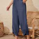 Womens Barrel Harem Linen Pants Wide Leg Pants Baggy Palazzo Drawstring Elastic Waist with Pockets Beach (Blue)