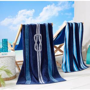 Great Bay Home 100% Cotton Beach Towels | 2 Pack of 30 x 60" Navy Pool Towels for Adults and Kids | Absorbent & Quick Dry Towels (Navy/Royal Blue Knot & Stripe