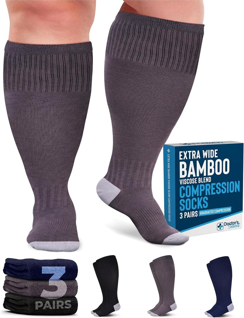 Doctor's Select 3 Pairs Plus Size Compression Socks Wide Calf | Bamboo Viscose Knee High Socks for Circulation Support | Black, Gray, Navy- 3XL